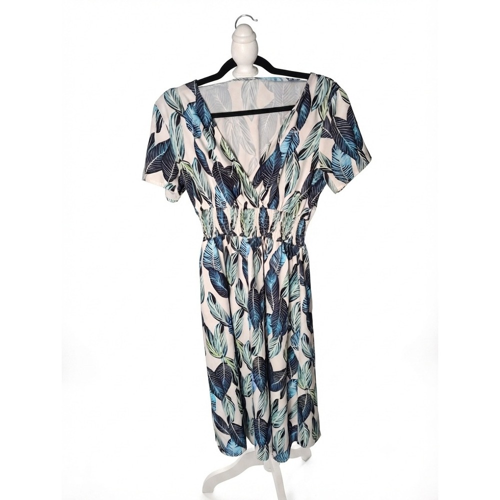SHEIN Womens Tropical Leaf Print Smocked Waist V-Neck Midi Dress Blue Green M